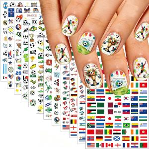 10 x Soccer Game Nail Stickers 12 Sheets - Assorted Country Flag, Jersey & Soccer Ball Design, Self-Adhesive Nail Decals for Women, DIY Manicure Supplies