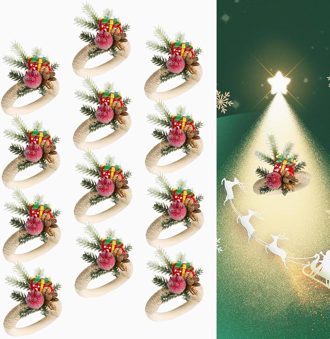 AuroraAria Christmas Napkin Rings Set of 12, Wood Napkin Holders for Dinner, Parties, Christmas Decor (Gift)