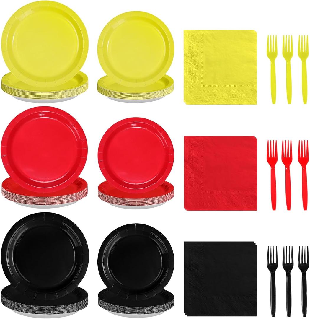 96Pcs Mouse Color Birthday Party Decorations Red Black Yellow Dessert Paper Plates and Napkins Set Cartoon Themed Mouse Decor for Kids Boys Girls 1st Birthday Baby Shower Party Supplies Serves 24
