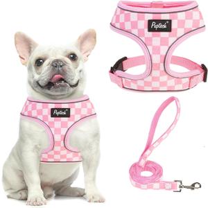PUPTECK Soft Mesh Dog Harness and Leash Set Pet Puppy Cat Comfort Padded Vest No Pull Harnesses, Checkered Pink&White, M