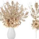 15 Pcs 17 Inch Christmas Artificial Glitter Berry Stem Ornaments with Poinsettia Flower, Xmas Glitter Poinsettia Flowers Picks for Christmas Tree Vase Holiday Party Home Decor(Champagne)