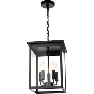 5 Lights Outdoor Pendant Light, Black Outside Chandelier, Exterior Hanging Fixture, Ceiling Mount with Clear Glass Shade Hanging Lantern Light Adjustable Pendant Light for Outdoor Hallway