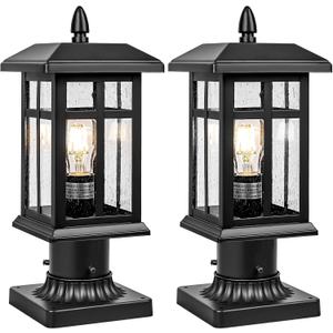 2 Packs Outdoor Post Light, Black Pole Lantern Lighting Fixture with Pier Mount Base Hard Wired, Outdoor Column Lights Exterior Lamp Post Lantern with Glass for Garden Yard Patio Path