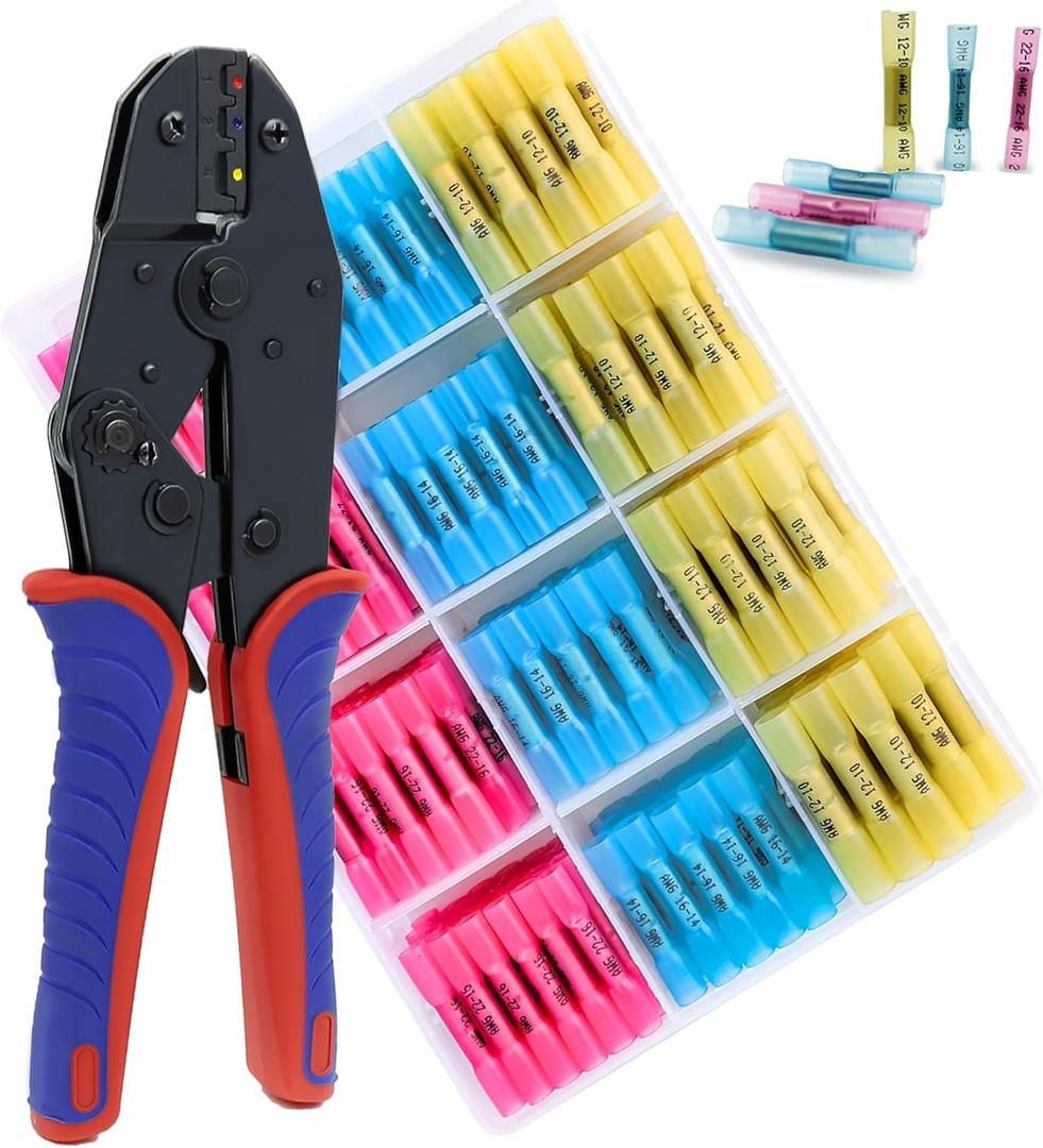Wire Crimping Tool, Crimping Tool for Heat Shrink Connectors, Wire Crimper AWG 22-10 with 210PCS Wire Crimper, Crimper Tool for Heat Shrink, Nylon, Non-Insulated Connectors