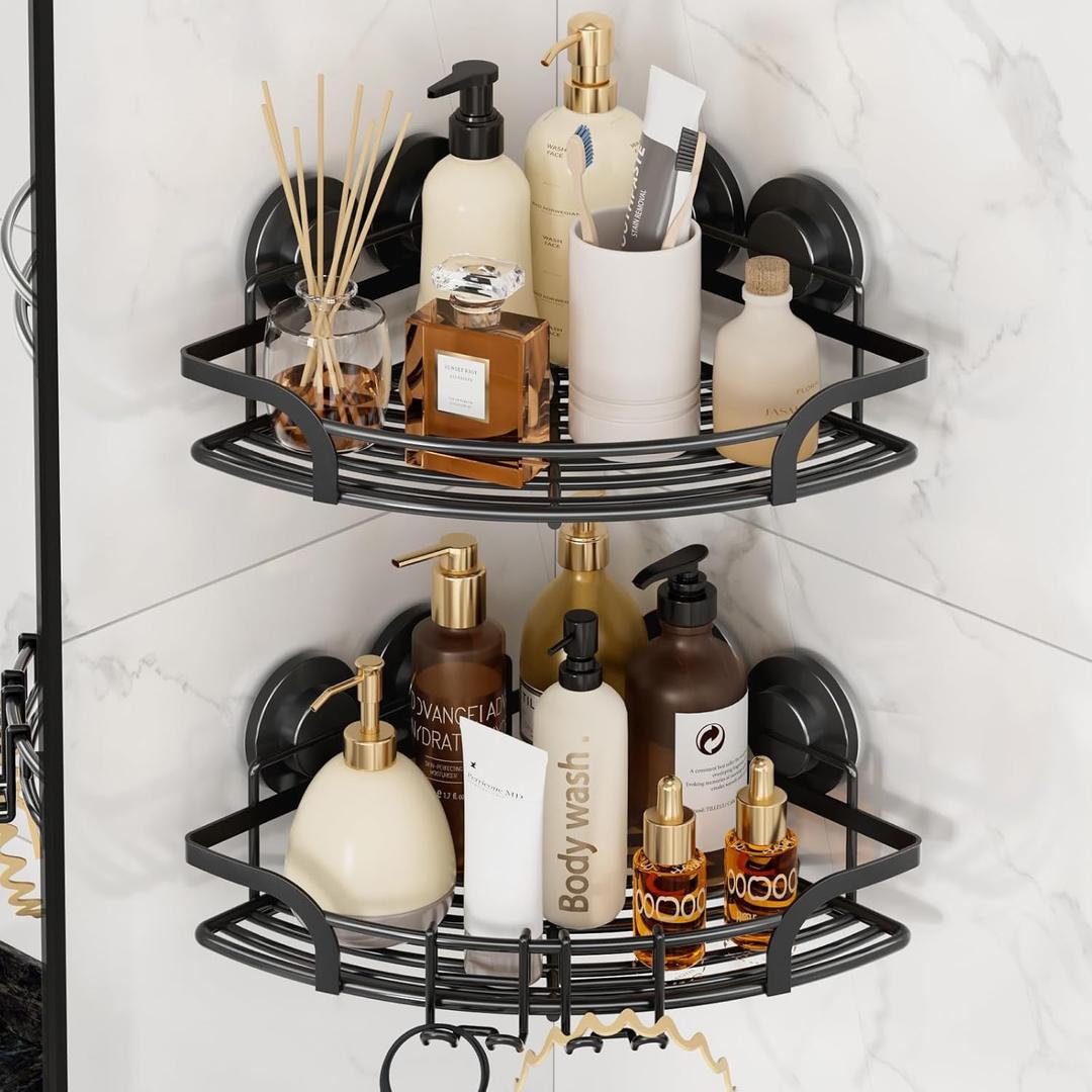 LEVERLOC 2 Pack Strong Suction Cup Corner Shower Caddy, Large Capacity Removable Bathroom Organizer, Stainless Steel Rustproof Shower Shelves with Hook, Drill-Free Wall Mounted Suction Basket, Black