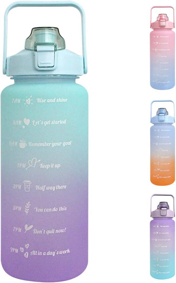 RYI Large Half Gallon 64 OZ Motivational Water Bottle with Straw Time Marker BPA Free for Sport and Fitness Purple Green
