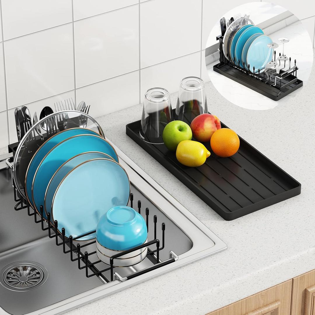 ANTOPY Sink Dish Drying Rack - Expandable Small Dish Rack Over Sinks with Silicone Drying Tray, Dish Drainer for Kitchen Counter with Cutlery Holder, Drying Rack Fit for 14-19 Kitchen Sink (One Tier (Small - Countertop + In Sink))