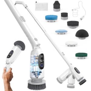 Electric Spin Scrubber, Cordless Cleaning Brush, 3H Work Time, Bathroom Scrubber with LED Display, 3-Speed Extendable Handle, IPX7 Waterproof, 8 Brush Heads for Shower, Tile, Tub, Floor, Toilet, Grout