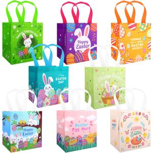 STARSIDE 8 Pack Easter Egg Hunt Bags with Handles for Kids - Reusable Non-Woven Cute Bunny Chick Carrot Tote Bags for Gift Wrapping, Easter Treats, Goodie Bags & Party Favors (7.09x5.91x7.87 Inches)
