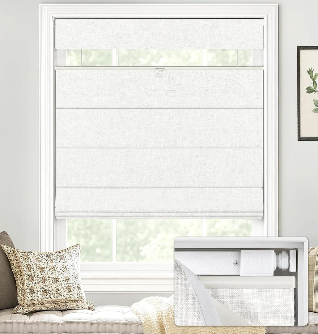 LazBlinds No Tools No Drill TDBU Cordless Roman Shades for Window, Thermal Insulated UV Blocking, 100% Blackout Fabric Blinds for Bedroom & Living Room, 28" W x 64" H, Blackout - White