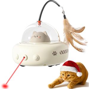 Hooroor 2-in-1 UFO Laser Cat Toy with Feather, Automatic Motion Smart Sensor Interactive Toy for Indoor Cats&Small Dogs, Rechargeable Obstacle-Avoidance Exercise Toy, Self-Play Pet Gift White