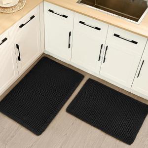 Luxury Waffle Bath Mat, Super Absorbent Non Slip Bathroom Rugs, Boho Ultra Soft Comfort Machine Washable Quick Dry Floor Mats with Tassels (Black, 17" x 24" + 20" x 30")