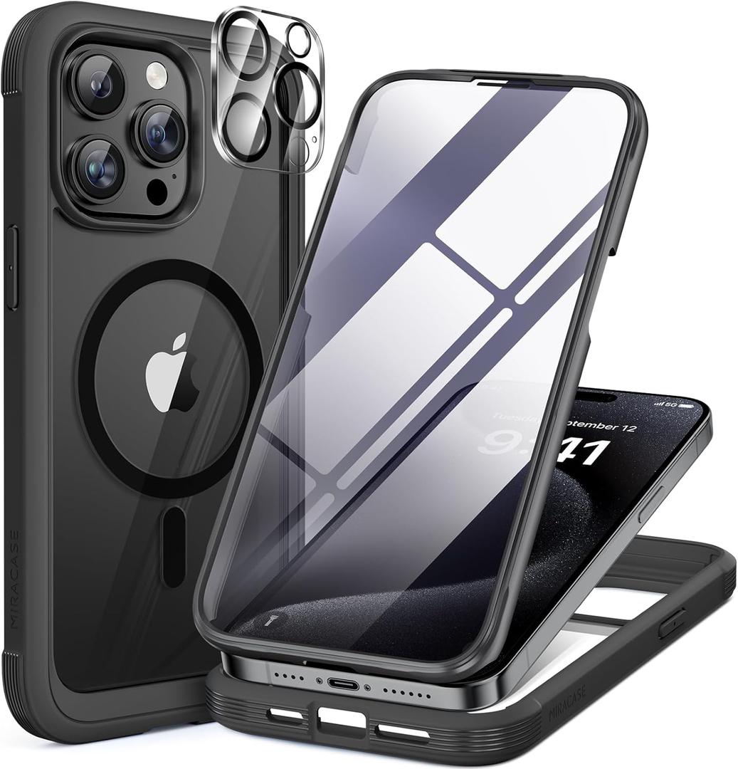 Miracase Magnetic for iPhone 15 Pro Max Case 6.7'' [Compatible with Magsafe] Full-Body Drop Proof Bumper Phone Case for iPhone 15 Pro Max with Built-in 9H Tempered Glass Screen Protector,Black