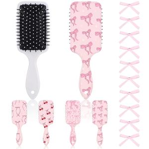 Meanplan 4 Pcs Pink Coquette Bow Hair Brush with 10 Pink Bow Hairpin Anti-static Massage Hair Comb Gifts Air Cushion Brush Cute Preppy Barrettes for Teacher Mother Women Detangling Curly