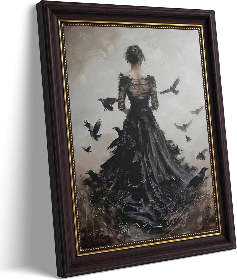 Dark Brown Framed 3D Texture Dark Academia Wall Art Gothic Raven and Woman Painting Picture Wall Decor Victorian Back Women Poster Print Artwork for Living Room Bedroom Home Decoration