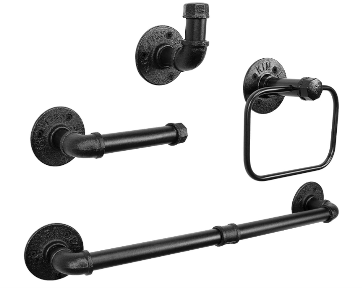 4-Pieces Industrial Pipe Bathroom Towel Ring Kit DIY Wall Mount Accessories Kit Includes Robe Hook Towel Bar and Towel Ring (18 inch) 