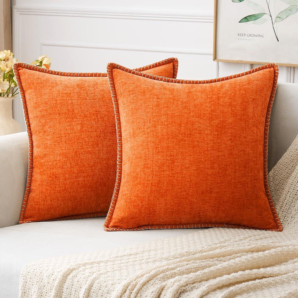 MIULEE Pack of 2 Couch Throw Pillow Covers 18x18 Inch Bright Orange Farmhouse Decorative Pillow Covers with Stitched Edge Soft Chenille Solid Dyed Fall Pillow Covers for Sofa Bed Living Room