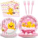 96Pcs Duck Birthday Party Supplies Pink Rubber Duck Paper Plates Napkins Duck Party Decorations Duck Themed Dinnerware Party Favor Girl Birthday Baby Shower Party Tableware Serves 24