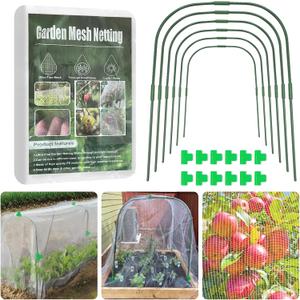 Garden Mesh Netting Kit for Raised Beds, 8 * 26FT Ultra Fine Plant Netting Covers with 6 Pcs Wide Garden Hoops & 12 Clips, Row Cover Net Protect Greenhouse Fruit Vegetable Flowers from Birds Bugs