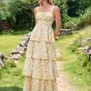KUTUMAI Floral Maxi Dress Ruffle Tiered Flowy Tea Party Wedding Guest Dresses for Women Summer 2026 (White, L)