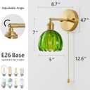 Vintage Wall Sconce 1 Pack, Green Glass Shade Gold Wall Lamp with 12 Inch Cable Switch, Modern Bathroom Wall Sconces for Bedroom Corner Hallway