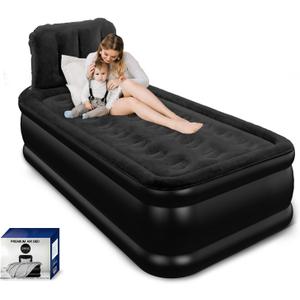 Twin Air Mattress with Headboard, Built-in Pump, Supports 500 lbs, Quiet Noiseless Design, 48-Hour Leak-Tested, 2.5 Min Fast & Easy Inflation/Deflation, Portable Blow Up Bed for Home, Guests & Camping (Black)
