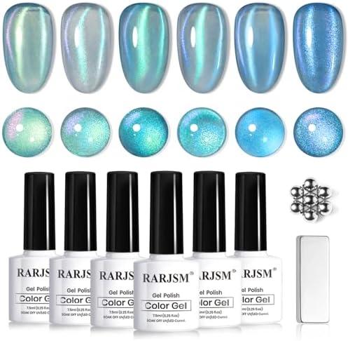 RARJSM Blue Cat Eye Gel Nail Polish Set 6pcs Reflective Diamond Glitter Clear Light Gray Sea Blue Green Tone Glass Cateye Gelpolish with Magnet Stick 7.5ml Curing Requires Soak Off for Home Salon