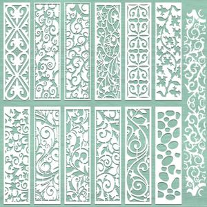 12 PCS Border Stencils for Painting, 11 x 3 Inch Leaf Texture Reusable Plastic Paint Templates for Painting on Wood Wall, Border Stencils for House Furniture Canvas Fabric DIY Art Cake Decor