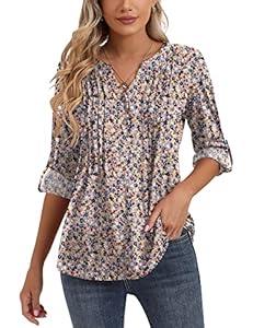 Bashafo 3/4 Sleeve Tops for Women V Neck Henley Long Sleeve Dressy Casual Shirts Ladies Loose Button-up Blouses Tunic, Large