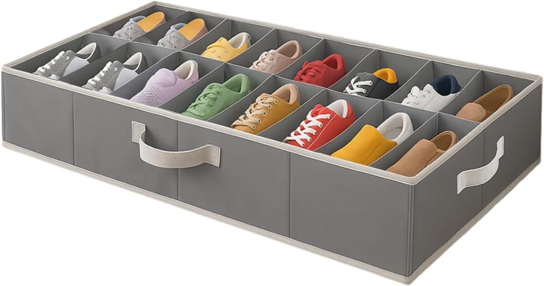 Under Bed Shoe Storage Organizer - TEAR-RESISTANT Heavy Duty 600D Material - Fits All Styles Men's and Women's Shoes, Up to 16 Pairs - Extra-Strong Zipper - Grey - Perfect for College Dorms