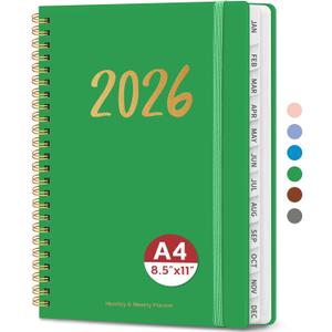 2026 Planner, Weekly and Monthly Planner for Women, January 2026 - December 2026, Hardcover 2026 Calendar Planner Book with Tabs, Inner Pocket, Spiral Bound, Perfect for Office Home School Supplies - A4 (8.5" x 11"), Racing Green