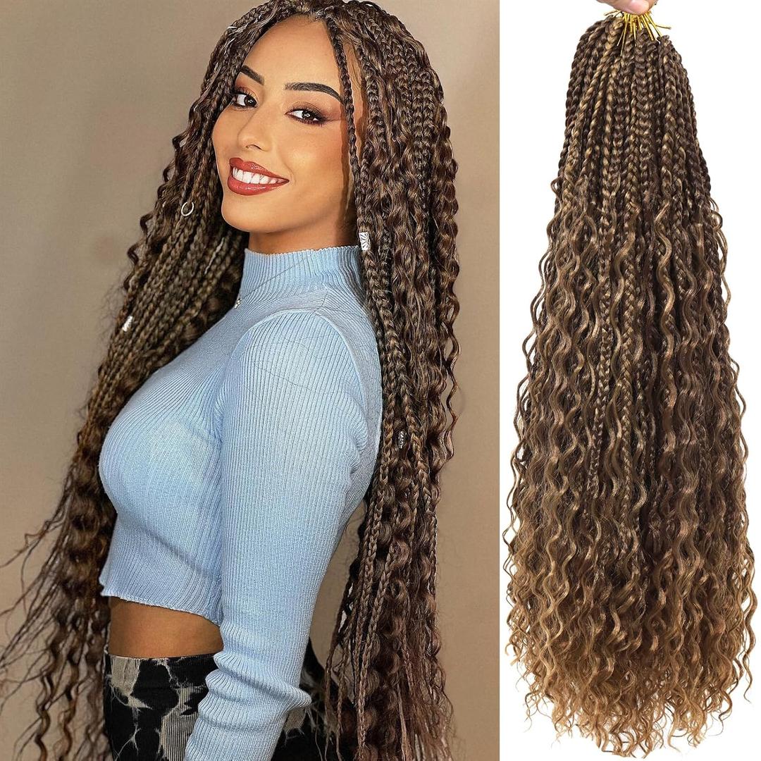 Eeanno Goddess Box Braids Crochet Hair 24 Inch 7 Packs Mixed Honey Blonde Brown Boho Hair for Women Pre Looped Crochet Box Braids with Curly Ends, M333027