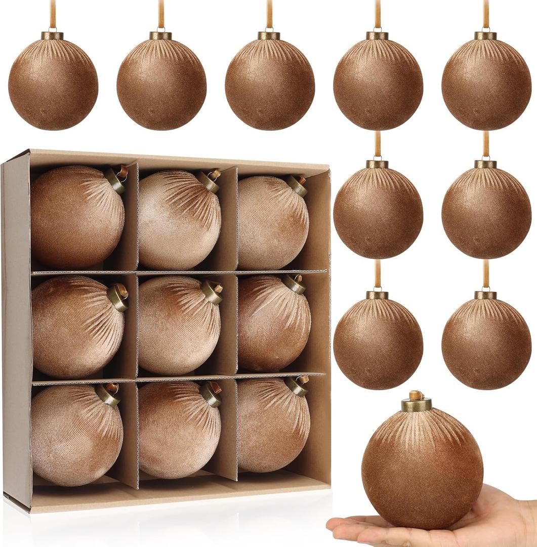 9 PCS Velvet Christmas Balls Ornaments 4inch& 6inch Christmas Large Ball Set for Xmas Tree Decor, Holiday Home Party (Browm, 4inch)