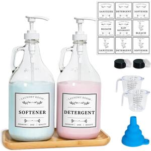 Glass Laundry Detergent Dispenser, Liquid Laundry Soap Dispenser for Laundry Room, 64oz Detergent Bleach Softener Dispenser for Farmhouse Decor, Includes Pumps, Funnel, Labels and Bamboo Tray