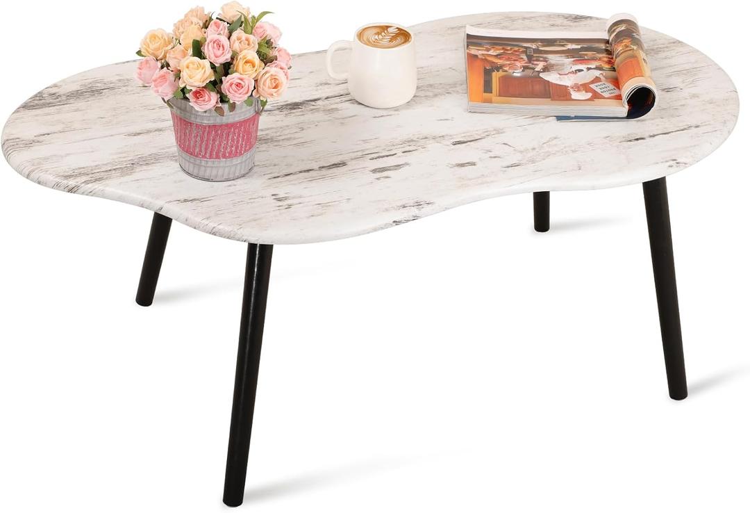 Small Coffee Table Cloud Shape Coffee Tables Unique White Wood Grain Tabletop Floor Table Farmhouse Rustic Decorative Center Sofa Table for Living Room Small Spaces, 20" x 39.5" x 16.5"