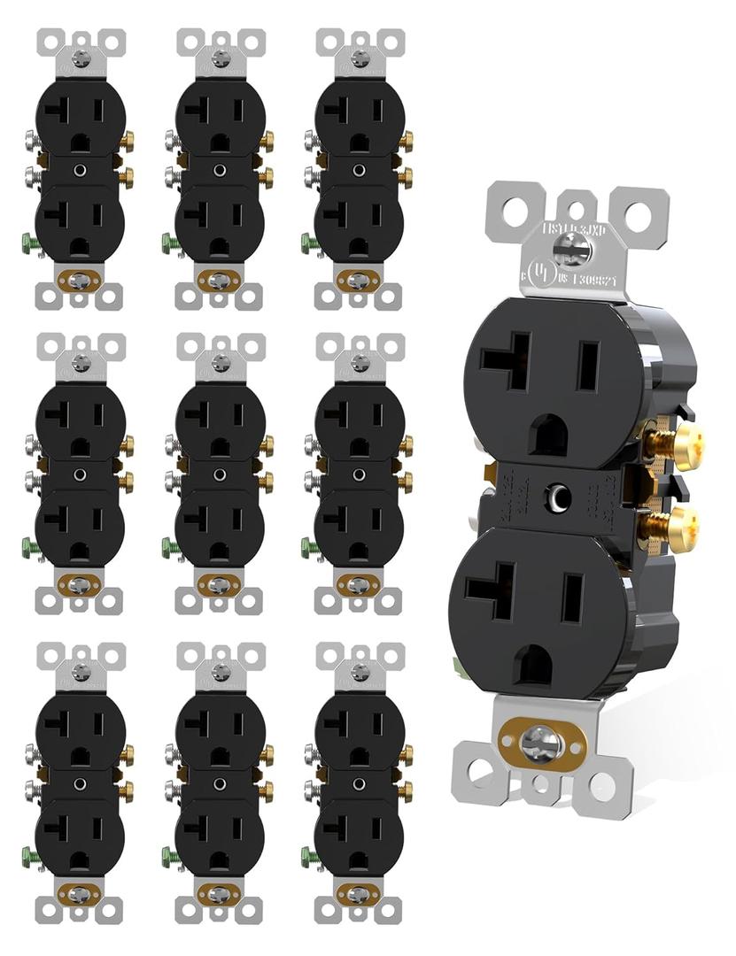 AIDA 20 Amps Outlets Duplex Electrical Receptacle Outlets, Electrical Outlet, 20Amp 125V Heavy-Duty Wall Outlet, Residential, 3-Wire, Self-Grounding, UL Listed, Side Wire (10 Pack, Black) (Without Wall Plate)