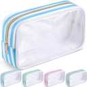 Kacctyen Clear Nylon Makeup Bag Preppy Cosmetic Bag Transparent Toiletry Pouch with Zipper Travel Skincare Toiletry Pouch Portable Cute Preppy Pencil Case for Girls Women School Stuff(Blue Stripe)