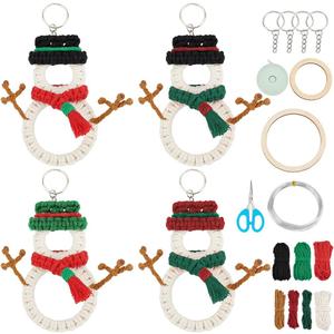 ACRNIGHEET 4PCS Macrame Christmas Ornament Kit, Snowman Knitting Ornaments Decoration Set, Easy Macrame Kits for Adults Beginners, Xmas Party Supplies