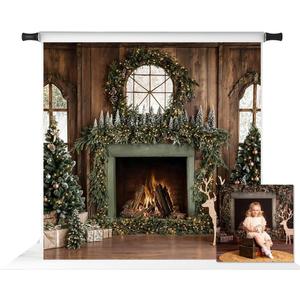 Kate Christmas Tree Wood Fireplace Wreath Deer Backdrop Photo Background Studio Props,8x8ft