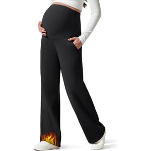 G4Free Flurrylux Fleece Lined Maternity Wide Leg Pants Cotton Over The Belly Pregnancy Sweatpants (Medium Tall, Black)