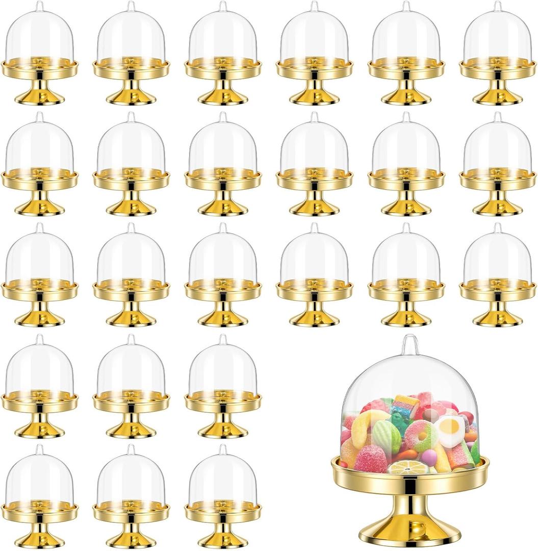 24Pcs Mini Cupcake Stand Mini Cake Stand with Lid Dessert Display Covers Cupcake Stands Chocolate Candy Plate with Dome Cover for Birthday Wedding Holiday Baby Shower Tea Party Supplies (Gold)