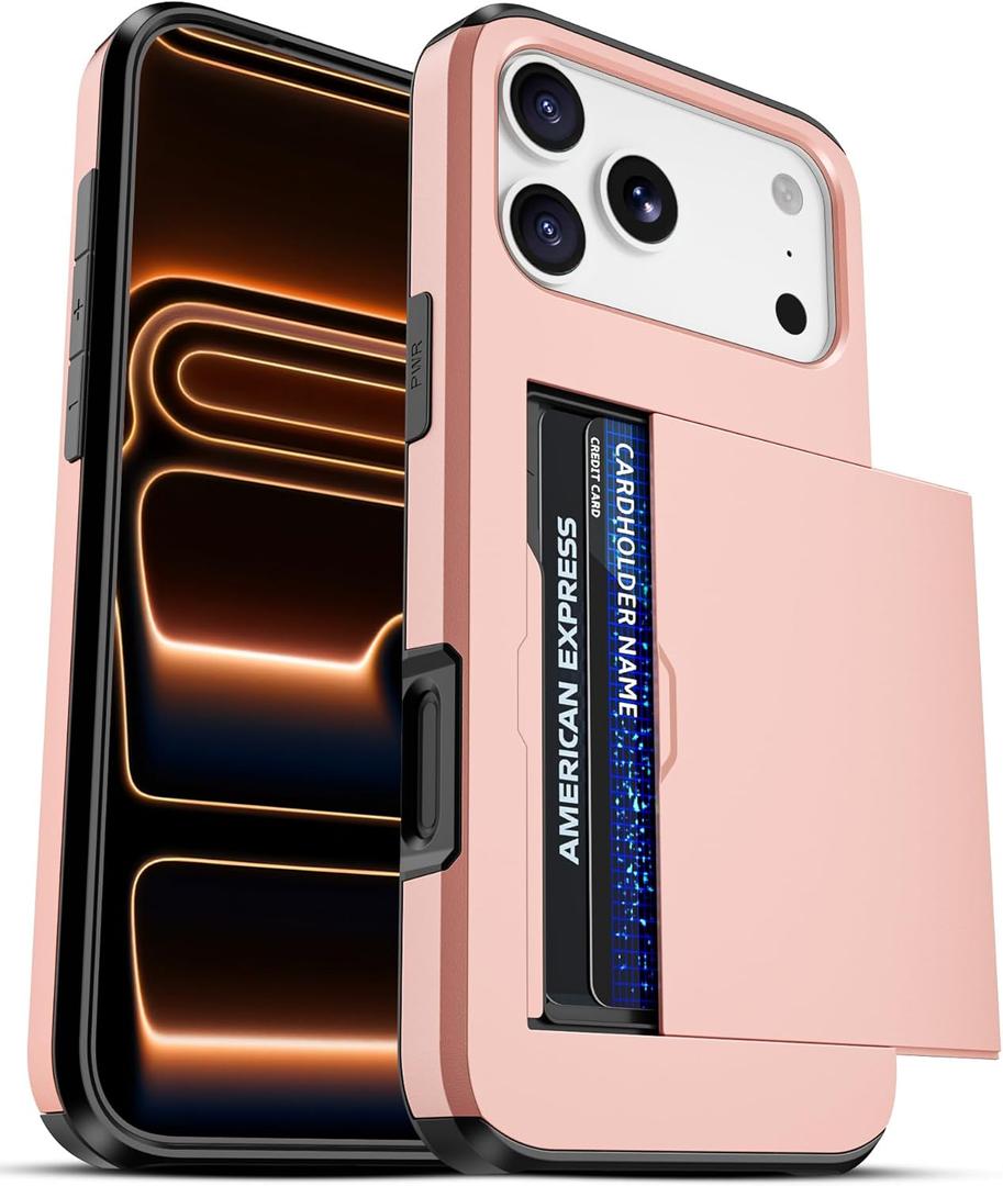 Jiunai for iPhone 17 Pro Max Case Wallet Holds 2 Cards, Slide Card Slot Holder for ID Credit Card License, Shockproof Protective Phone Cover for iPhone 17 Pro Max 6.9" 2025 Women Men Rose Gold