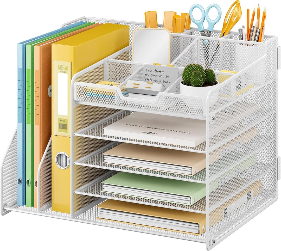 Lavatino 5-Tier Desk Organizer with 2 File Holders, Metal Adjustable Paper Letter Tray for Office or Home Desk Organizers and Accessories | 7 Flexible Dividers Keep Workspace Supplies Neat, White