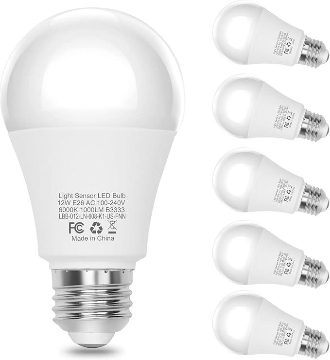 Boxlood Dusk to Dawn LED Outdoor Light Bulb, 12W Supper Bright A19 Dusk to Dawn Light Bulbs, Auto on/Off Photocell Automatic for Indoor Outdoor, 6000K, 6 Pack