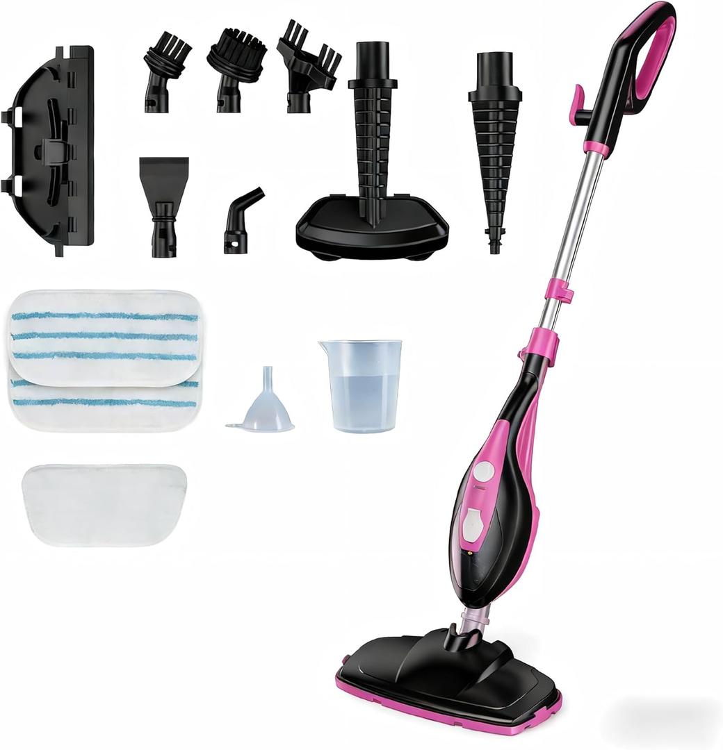 OLIXIS 10-in-1 Steam Mop, 1550W Detachable Handheld Steam Cleaner for Floor Cleaning, 16.4FT Cord, 2 Washable Pads, Multi-Purpose Floor Steamer for Hardwood, Carpet, Tile, Grout, Windows, Black Pink