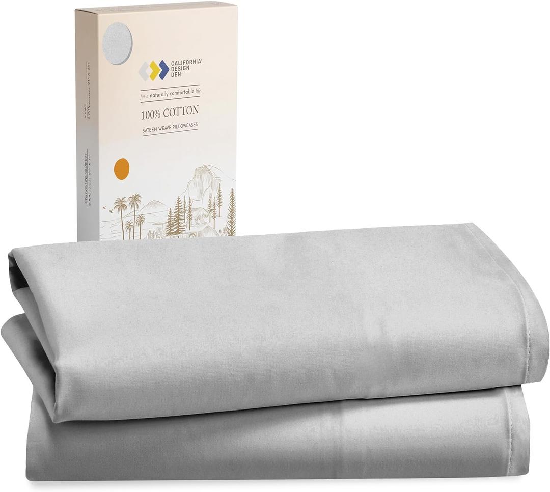 California Design Den 100% Cotton Pillow Cases Standard Size Set of 2, Soft & Cooling Sateen Weave Pillow Cases Queen (Light Grey)