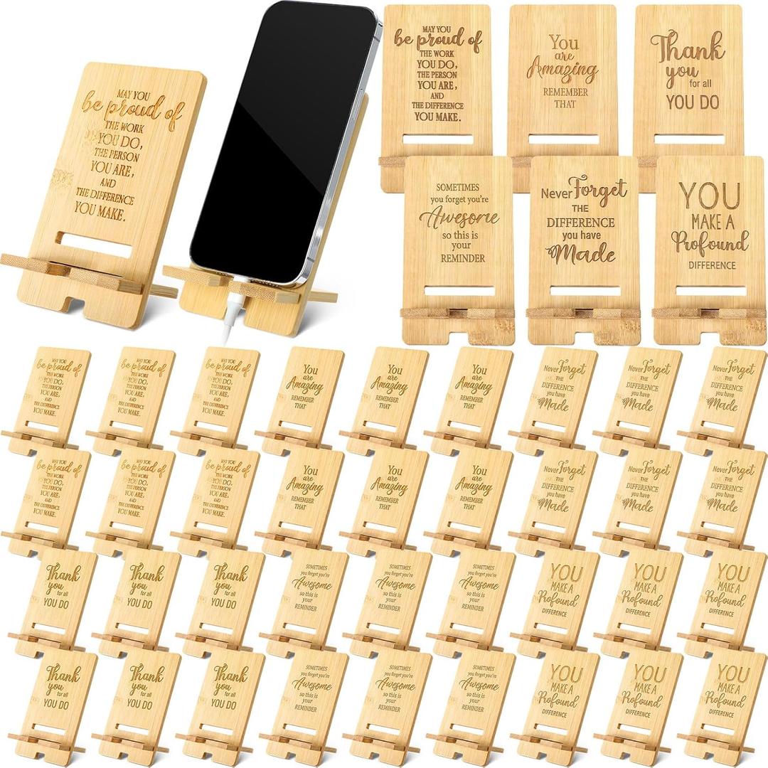 Ripeng 36 Pcs Employee Appreciation Gifts Bulk Bamboo Phone Stand for Desk Office Worker Thank You Gift for Administrative Team Coworkers Staff Graduation Nurse Teacher Week (Assorted Inspirational)
