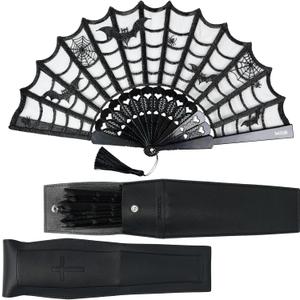Goth Folding Fan - Black Lace Handheld Fan with Spooky Spider Web Design, Gothic Accessories, Coffin Carrying Sleeve, High Airflow Fabric, Perfect for Halloween Costume