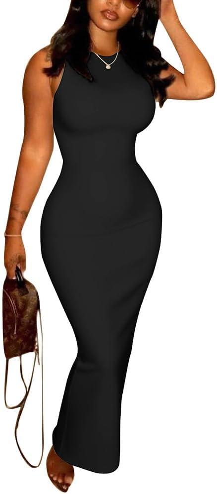 PINSV Women's Sleeveless Crew Neck Bodycon Maxi Dress - Stretchy Form Fitting Long Dress for Casual Daily Party (Black, XXL)