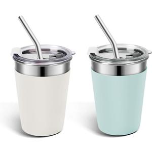 Ymmy Sam 2pcs Stainless Steel Cups with Lid and Straw,12oz Spill-proof Kids Tumblers, with Stainless Steel Straws Unbreakable Metal Cups with Heat-insulated Sleeves for Cold and Hot drinks